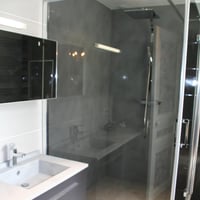 Salle de bains : réfection compléte . Mariage de couleurs foncés et de tons chauds